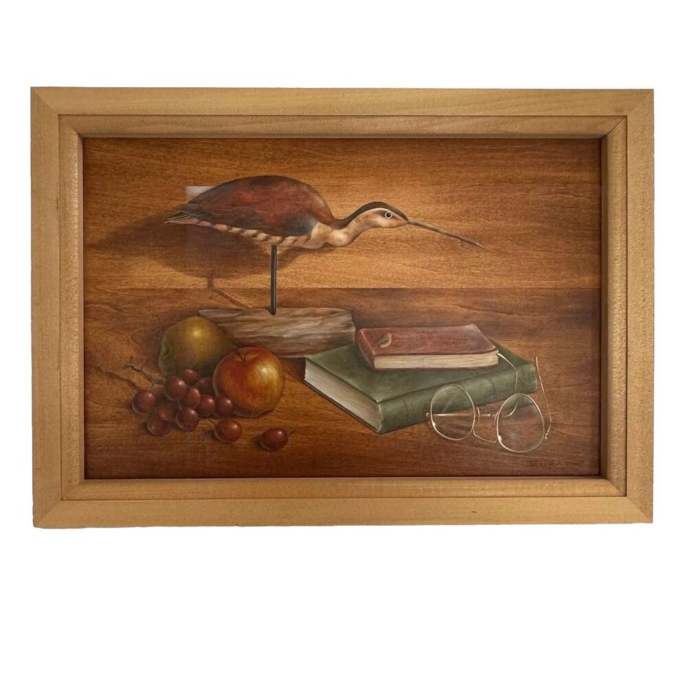 Fruit, Books and Bird Still Life Print on Wood with Wood Frame 18 1/8" x 12 3/4"